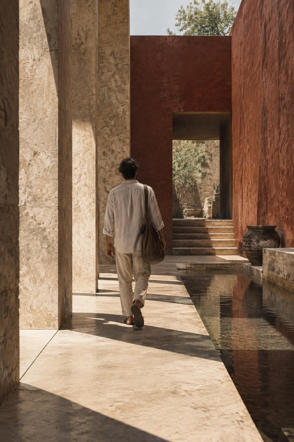 Traveler moving through dramatic Mexican architecture