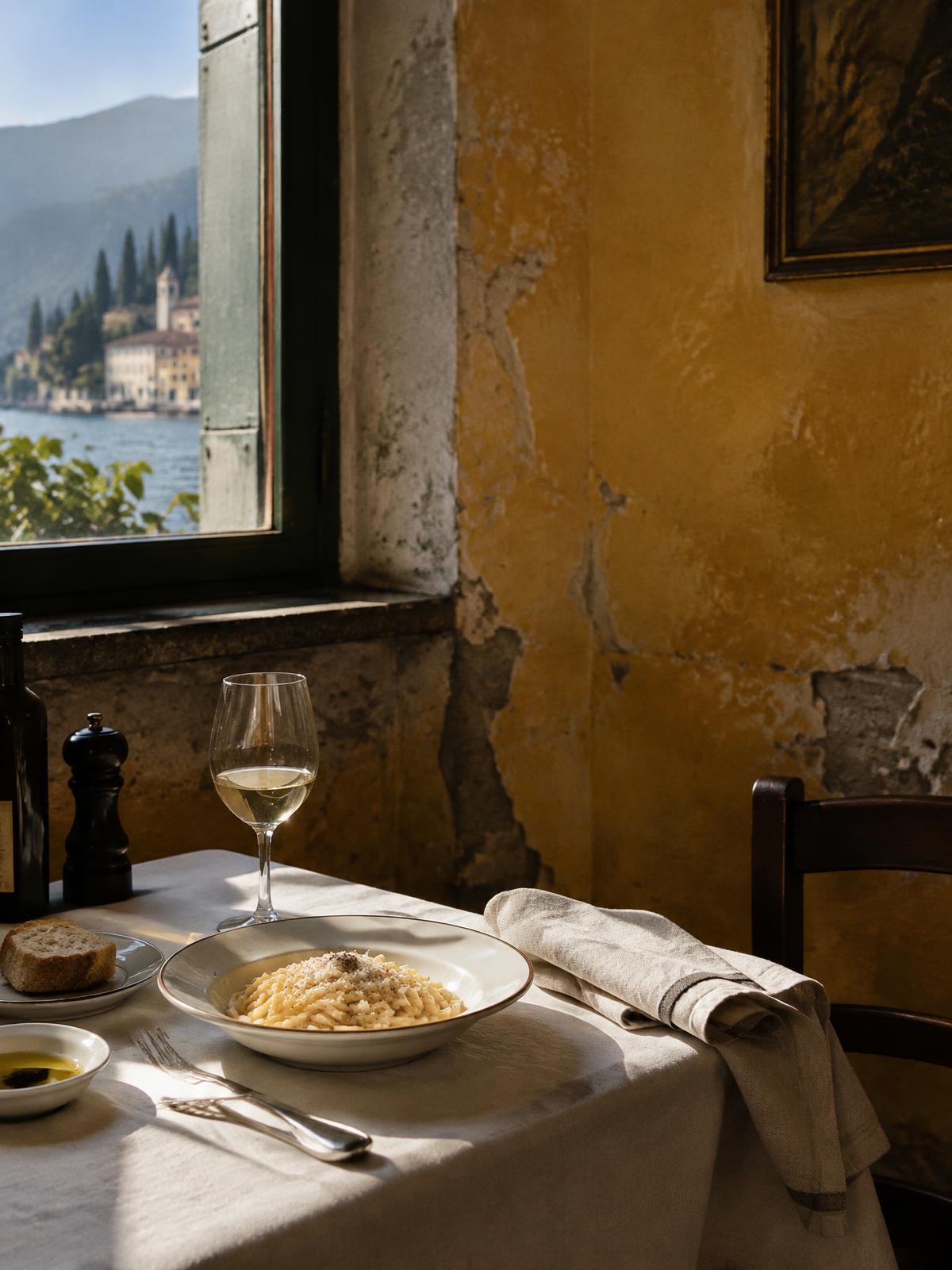 Lunch beside a window overlooking an Italian lake