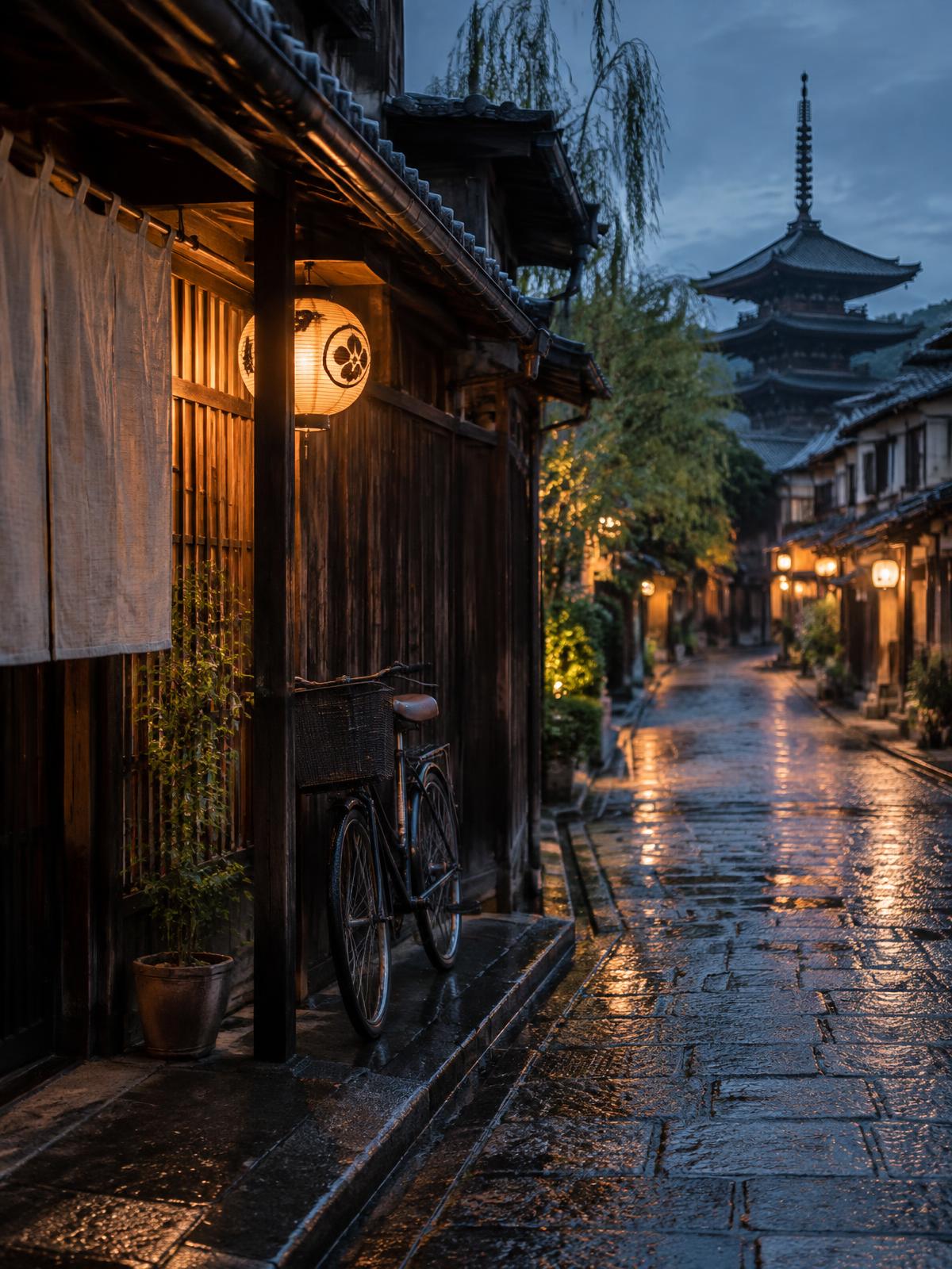 Rainy lantern-lit street in Kyoto, Japan